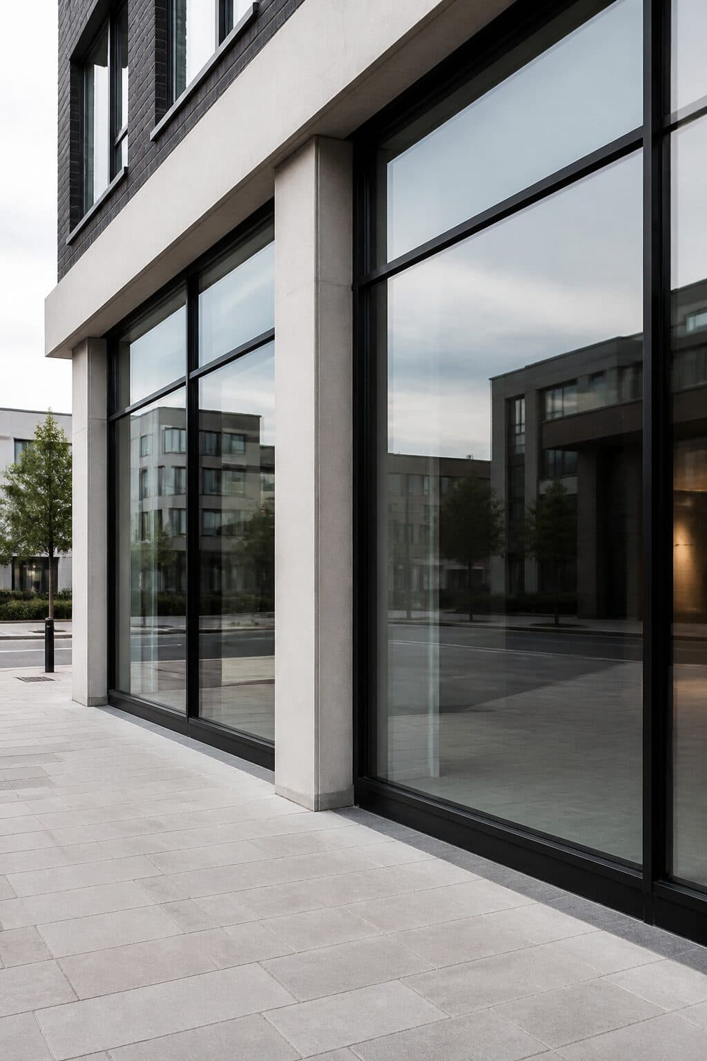 Commercial storefront with floor-to-ceiling glazing in slim dark frames
