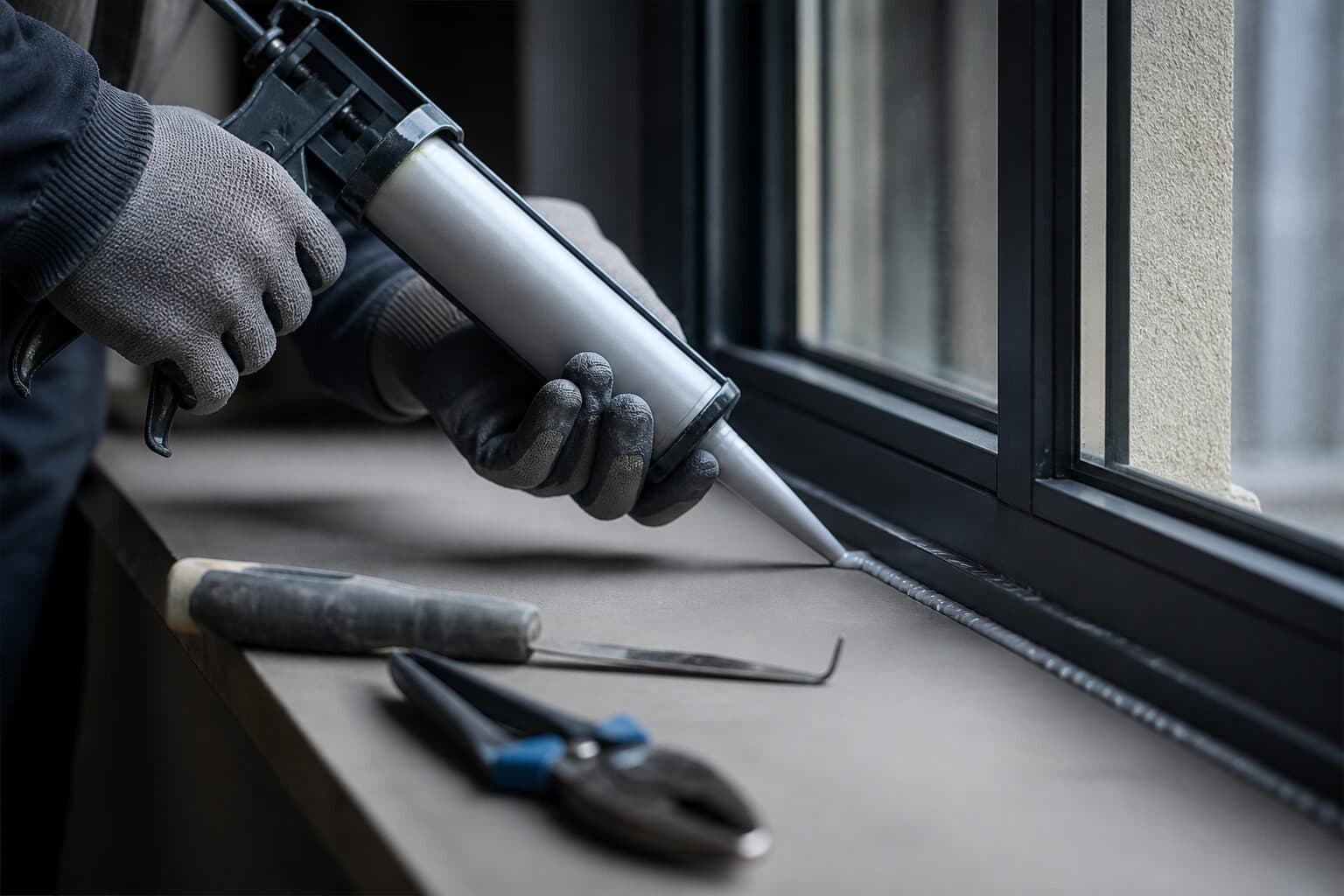 Technician applying a fresh weather seal along a window frame