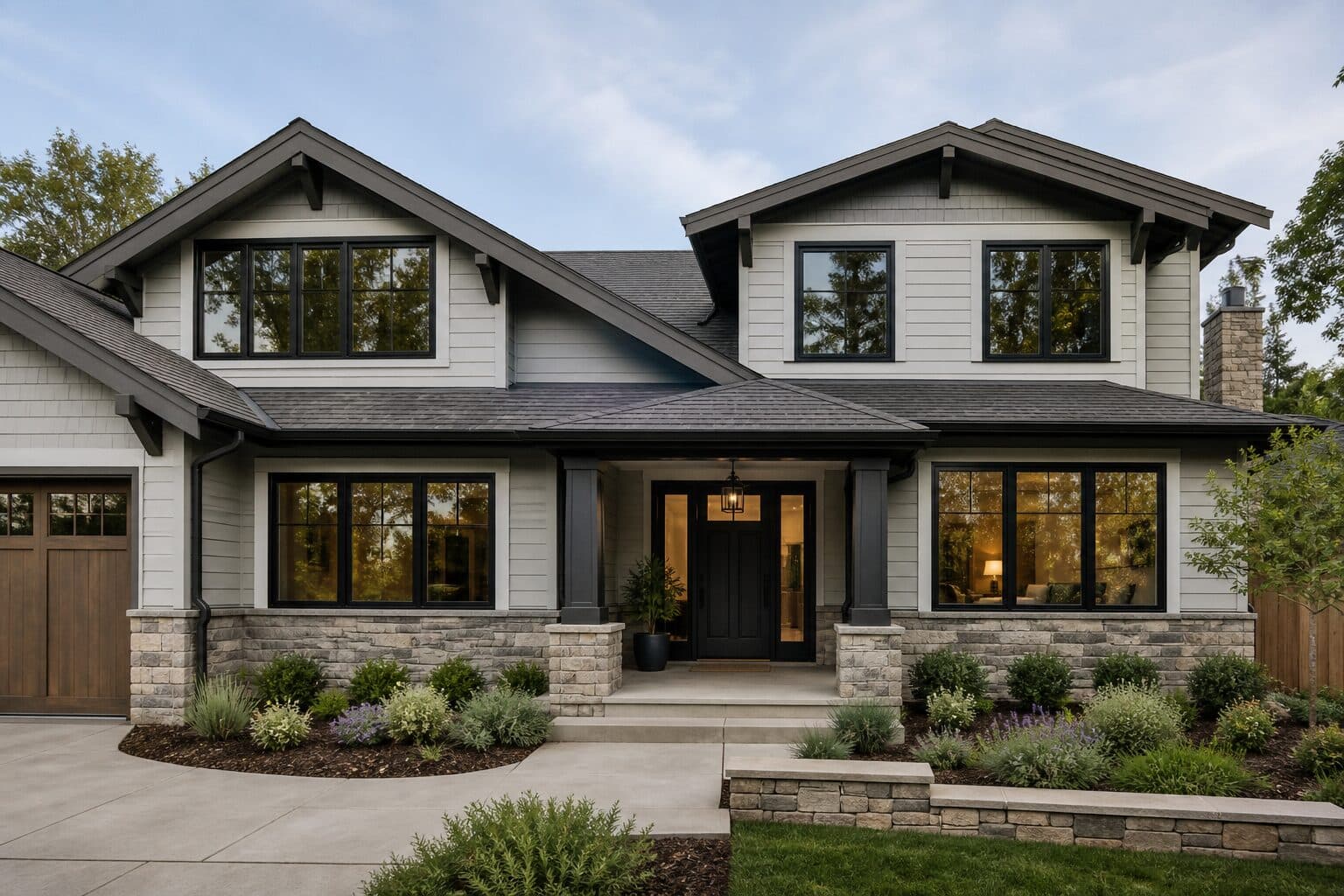 Craftsman-style home with new black-framed replacement windows
